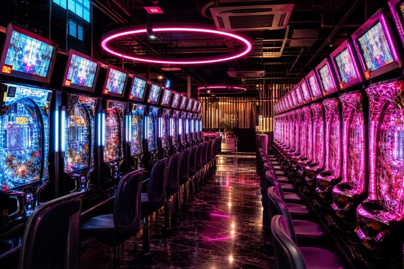 Wnętrze stacjonarnej sali Warsaw Arcade Lounge z rzędami automatów pachinko